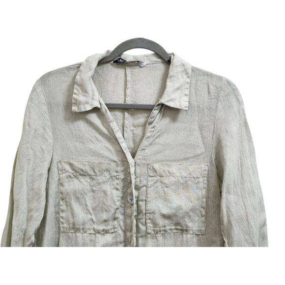 Zara 100% Linen Shirt Dress Long Sleeve Khaki Green Button Front - Picture 5 of 16